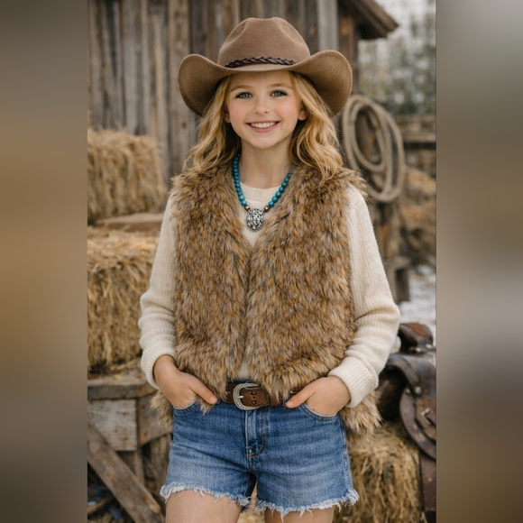 Other - Girls Faux Fur Vest Brown Boho Cozy Layering Kids Size 8–10